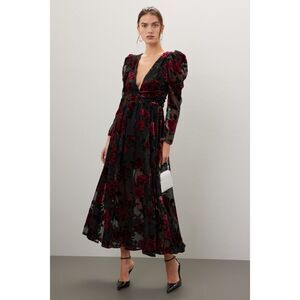Rachel Purcell Black and Red Floral Velvet Burnout Maxi Dress